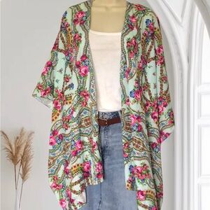 UMGEE USA New Floral Kimono Cardigan Beach Cover-up Turquoise Blue One Size